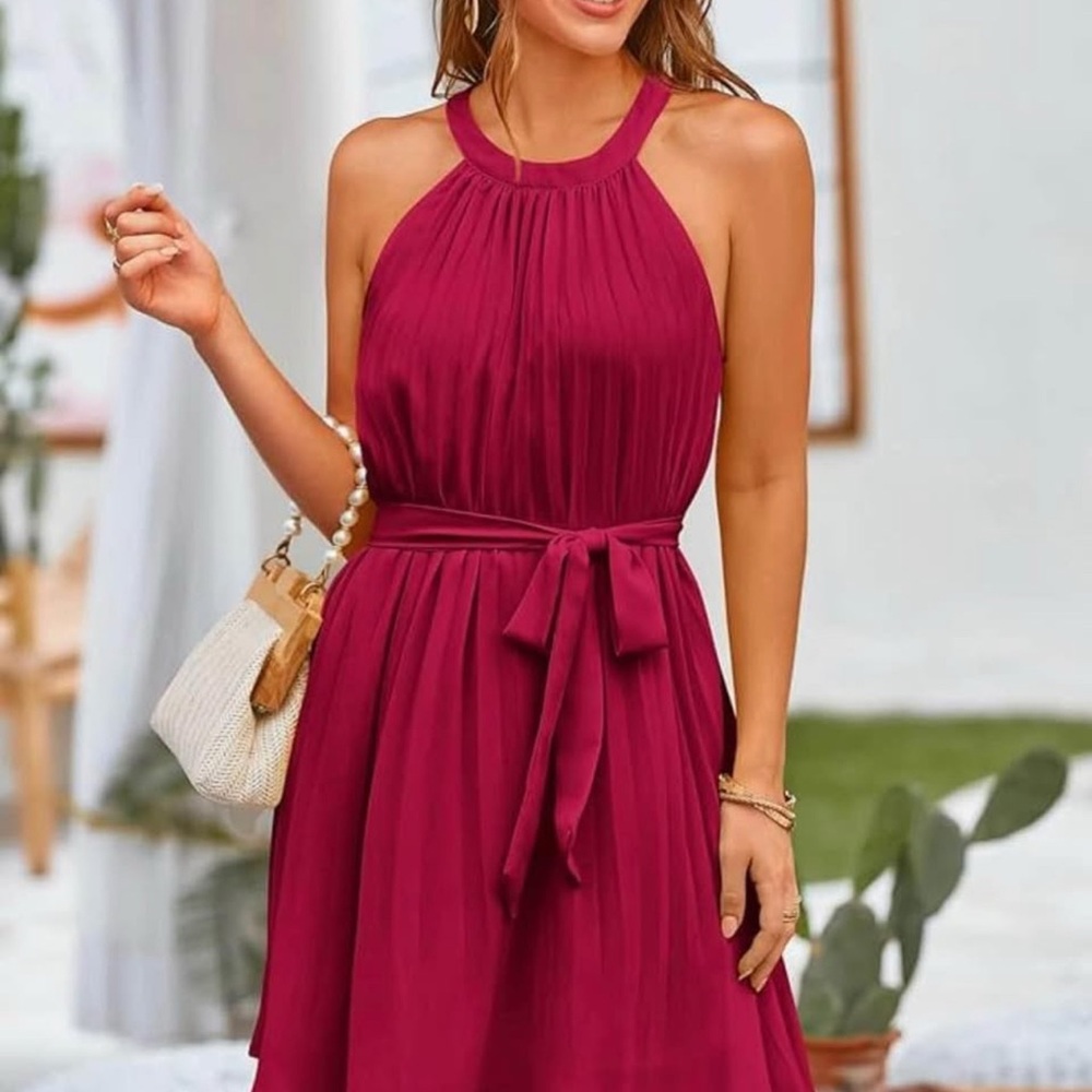 Elegant Halter Women  Neck Burgundy Elegance Dress Red Medium
